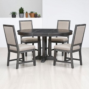 5-Piece Farmhouse Dining Table Set with Extendable Round Table, 4 Upholstered Chairs, MDF & Rubber Wood Frame, Modern Kitchen Set for Dining Room - 1 of 4