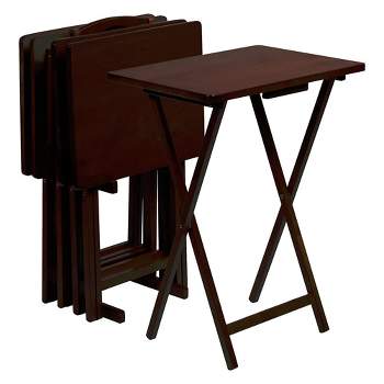 PJ Wood 19.09 x 14.57 x 26.00 Inch Folding TV Tray Tables with Compact Storage Rack, Solid Wood Construction, Espresso Finish, 5 Piece Set