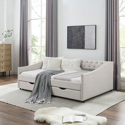 Full Size Daybed, Upholstered Tufted Sofa Bed With Drawers, Beige ...