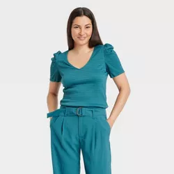 Women's Puff Short Sleeve V-Neck Top - A New Day™ Teal Blue L