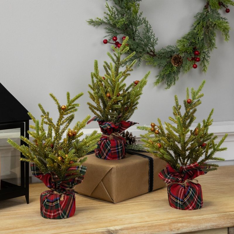 Northlight Mini Glittered Pine with Berries Artificial Christmas Trees - 9" - Set of 3, 2 of 7