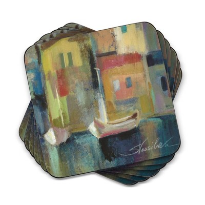 Pimpernel Evening Port Coasters - Set of 6 Cork-Backed Drink Coasters with Harbor Sunset Scene - Heat & Stain Resistant