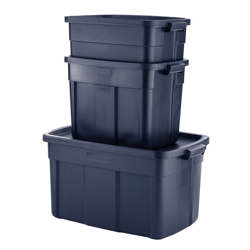 Rubbermaid Roughneck Heavy Duty 10 Gallon Plastic Bin Rugged Home Storage Organizer Totes with Lids, Dark Indigo Metallic (12 Pack), 3 of 7