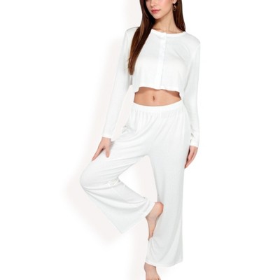 Anna-Kaci Lounge Women's Ribbed Button-Down Long Sleeve Top and Wide-Leg Pants Lounge Set