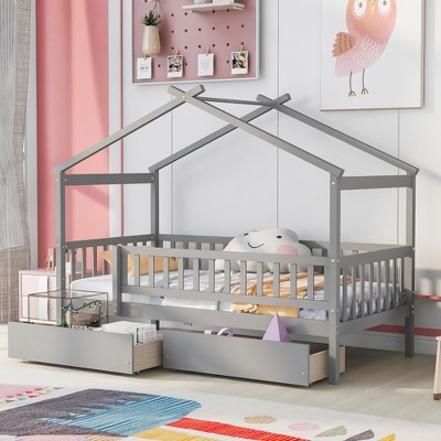 ALEXOUN Twin Size Kids Wooden Tent Bed with 2 Storage Drawers and Rails and Roof,for Kids Teens Girls & Boys,No Box Spring Needed