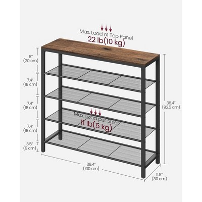 Rustic Brown Industrial 5-Tier Metal Shoe Rack with Mesh Shelves