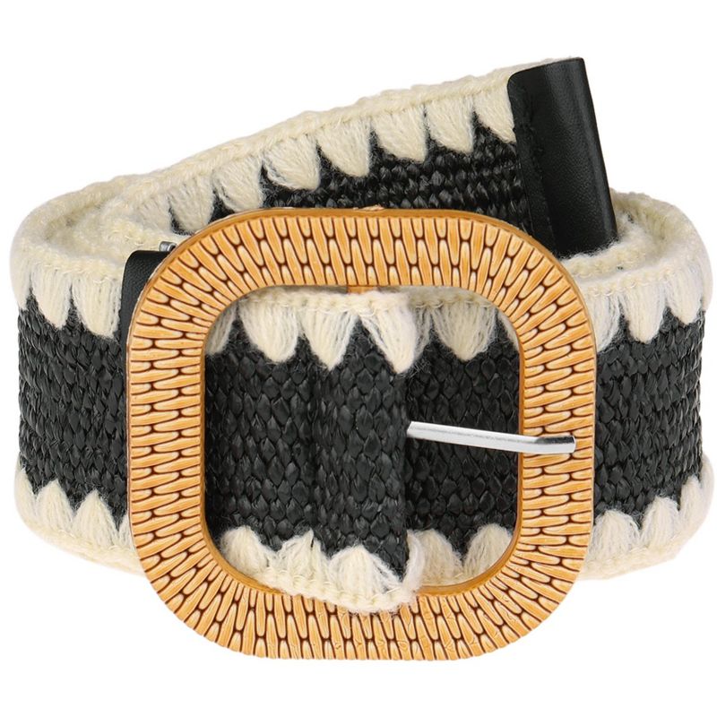 Elerevyo Women's Straw Belts Stretch Boho Waist Belt with Wooden Style Buckle, 1 of 6