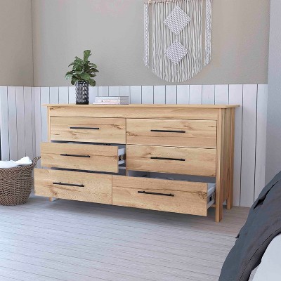 Okak Modern 6 Drawer Double Dresser, 31.7" Tall Storage Cabinet with Metal Gliders & Elevated Base,Bedroom Dresser for Clothes Organization, Oak