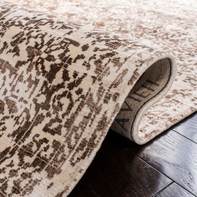 Elegant Ivory and Light Brown Hand-Knotted Wool-Viscose 6' x 9' Rug