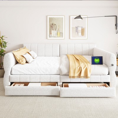 YOOCOZZ Queen Size Lambswool Upholstered Wood Daybed with 2 Storage Drawers and USB Charging
