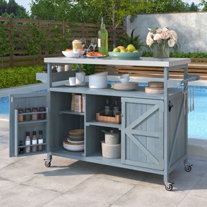 Isabel Outdoor Kitchen Island with Storage Cabinet, Solid Wood Patio Bar Cart with Stainless Steel Table Top, Outdoor Furniture - The Pop Home - 1 of 4