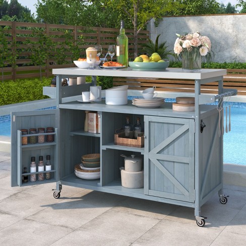 Isabel Outdoor Kitchen Island with Storage Cabinet Solid Wood Patio Bar Cart with Stainless Steel Table Top Gray Blue The Pop Home