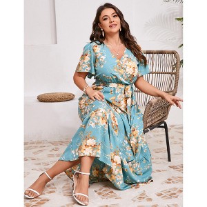 Plus Size Women's Flowy Tiered Maxi Dress - V-Neck, Short Sleeve & Waist Tie with Floral Print - 1 of 4