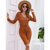 Clearlove Womens Sweater Dress V Neck Long Sleeve Ribbed Knit Tie Waist Bodycon Casual Dress Fit Midi Dress, Khaki - S - 4 of 4