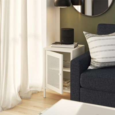White Metal End Table with Perforated Mesh Door and Storage