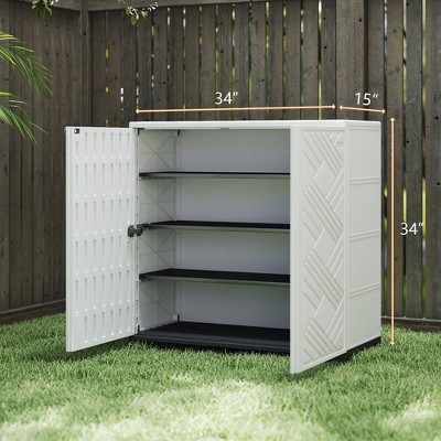 Decksplore Weatherproof Storage Cabinet - Horizontal Outdoor Shed Tucks Under Fences for Patios/Backyards