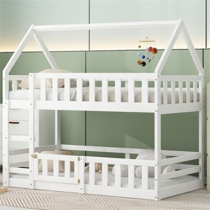 RISOKEYS Twin Over Twin Bunk Bed for Kids - Low Bunk Bed Frame with Ladder, Guardrails and Door, House Shaped Floor Bunk Beds - White - 1 of 4
