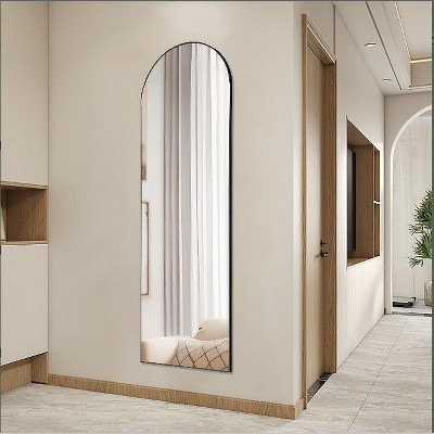 DOMETOUR Floor Standing Mirror Arched 59'' Full Length Wall Mirror with Stand Aluminum Alloy Thin Frame for Bedroom and Living Room