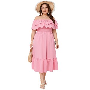 Coolmee Women's Summer Plus Size Maxi Dress Ruffle Off Shoulder Ruffle Hem Polka Dot Long Sundress - 1 of 4