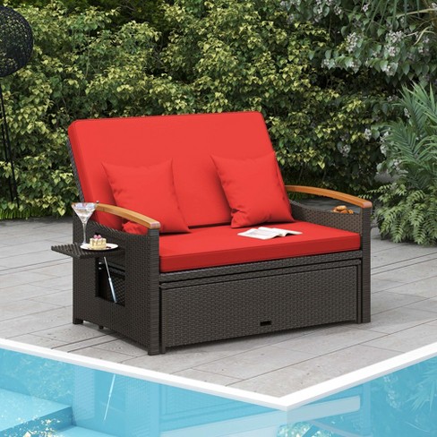 Outdoor Patio Rattan Daybed Thick Pillows Cushioned Sofa Furniture by Costway, Red