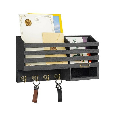 LunaLulinlk Key Holder for Wall Double Mail Organizer Wall Mount with Store Shelf and 4 Sturdy Hooks,Hanging Key Rack Hanger Black