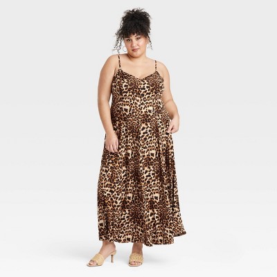 Women's Seamed Maxi A-Line Dress - Ava & Viv™ Brown Animal Print 2X