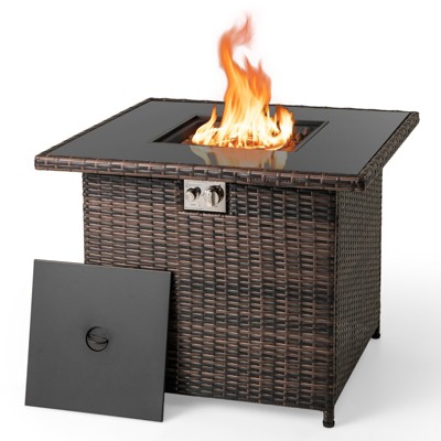 Costway 32.5" Propane Fire Pit Table Outdoor Wicker Gas Firepit with Stainless Steel Burner Brown/Black/Gray