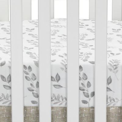 Gray and White Cotton Toddler Crib Sheet with Watercolor Leaf Design