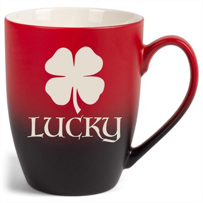 100 North Four Leaf Clover 10 Ounce Red and Black Two Toned Ombre, Comfortably Fits Your Hands, Ceramic Tea Coffee Cup Mug, Lucky