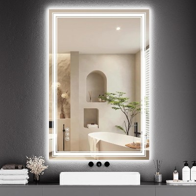 Lighted Bathroom Mirror, Dimmable Wall Mirror with Anti-Fog, Shatterproof Tempered Glass, Front & Back Lighting, Vertical/Horizontal Mount