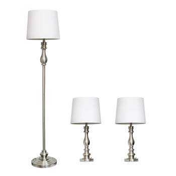 3pc Perennial Morocco Classic Metal Lamp Set - Brushed Steel, White Drum Fabric Shades - Lalia Home