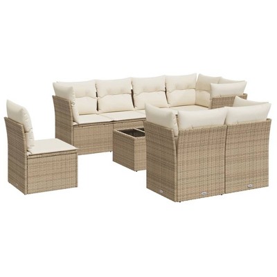 vidaXL 9 Piece Patio Sofa Set with Cushions Beige and Cream Poly Rattan - With Table