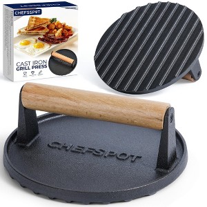 CHEFSPOT Preseasoned Cast Iron Round Grill Press - Rigged Surface - 1 of 4