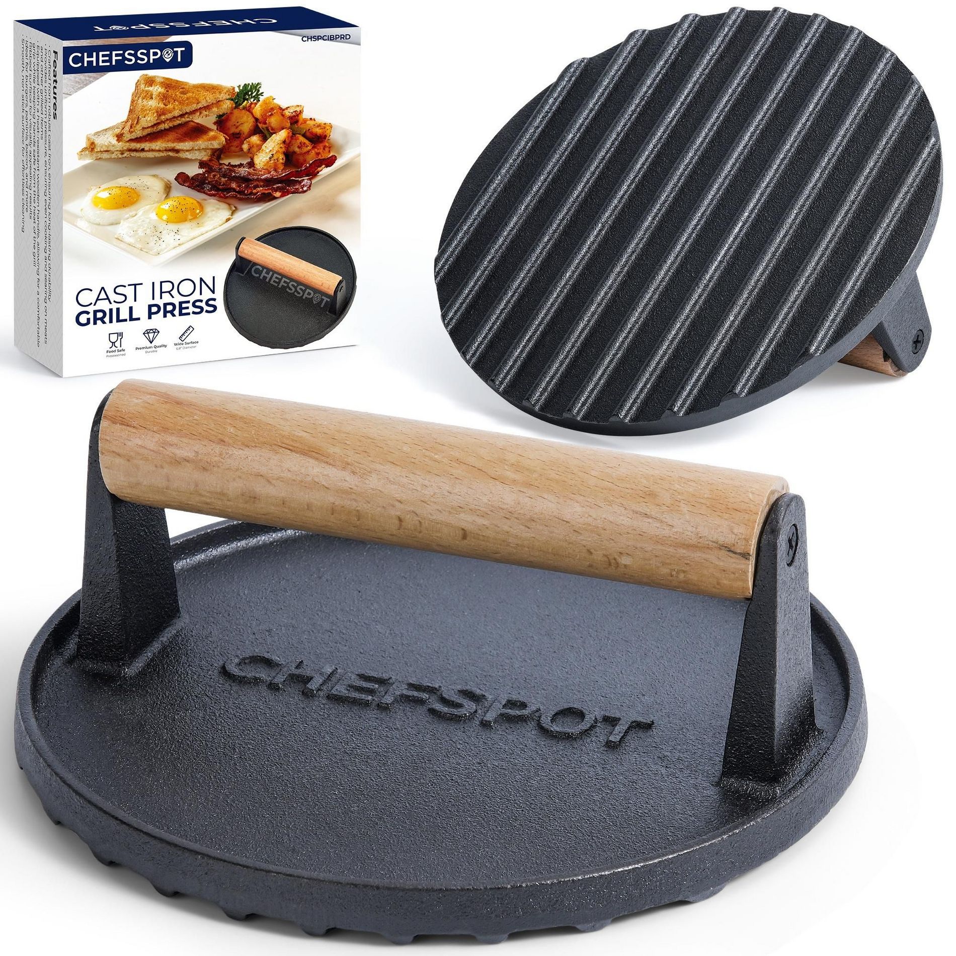 CHEFSPOT Preseasoned Cast Iron Round Grill Press, Ridged Surface for Bacon and Burgers