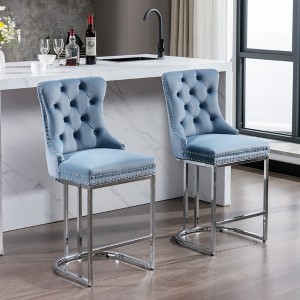 Zeus & Ruta Set of 2 Modern 25" Velvet Counter Stools with Button-Tufted Back, Rivet Trim & Chrome Metal Legs - 1 of 4