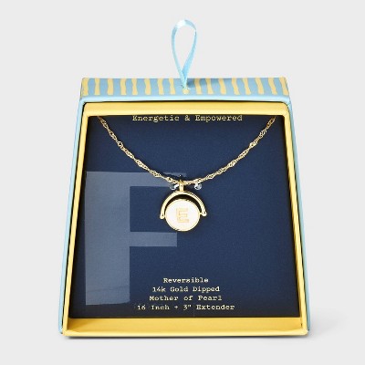 14K Gold Dipped Crystal and Mother of Pearl Circle Spinner Initial Necklace - A New Day™