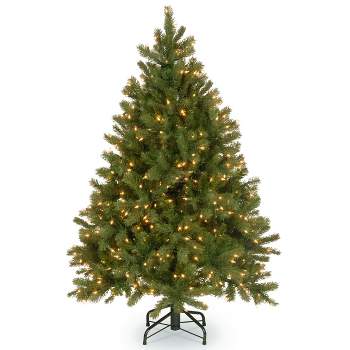 National Tree Company 4.5 ft Pre-Lit 'Feel Real' Artificial Full Downswept Christmas Tree, Green, Douglas Fir, Dual Color LED Lights, PowerConnect
