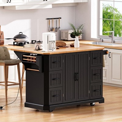 Kitchen Carts and Islands with Rubber Wood Drop Leaf, Power Outlet, 6 Drawers, 4 Doors, Rolling Storage Cart for Kitchen or Dining Room-The Pop Home
