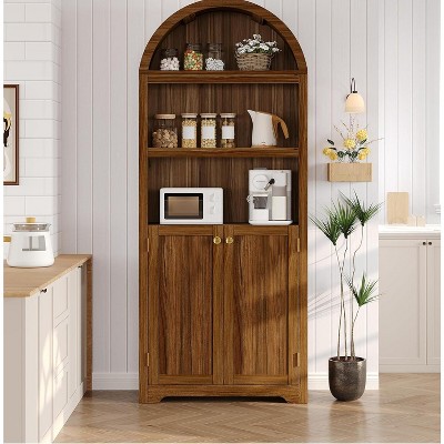 72 Inch High Arched Pantry with Doors, 5 Tier Kitchen Pantry with Adjustable Shelves and Gold Handles, Wood Dining Room Storage Cabinet