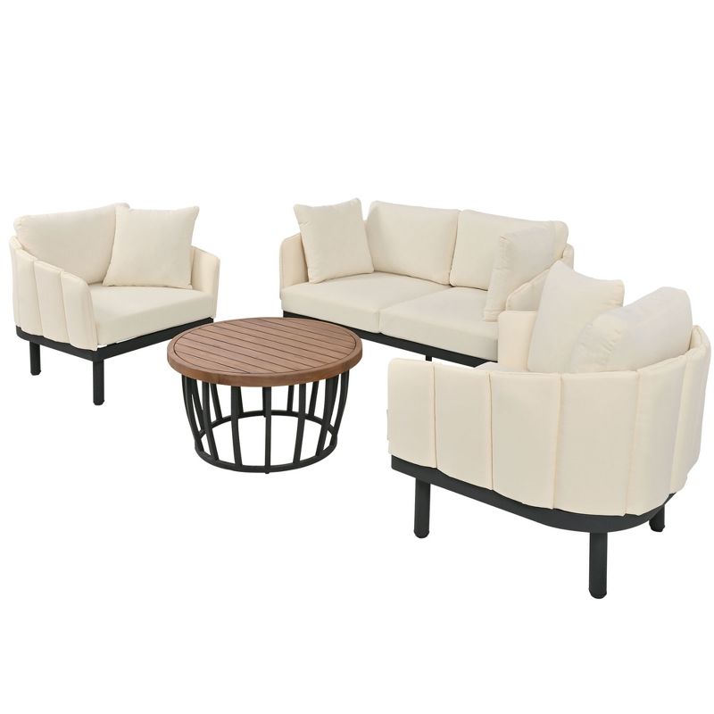 Modern 4-Piece Outdoor Iron Frame Conversation Set, Patio Chat Set with Acacia Wood Round Coffee Table 4M - ModernLuxe, 5 of 14