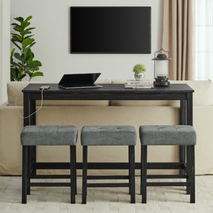 Space-Saving 4 PCS Dining Set, 59'' Wood Bar Table with MDF Top and Power Outlet, Upholstered Stools with Linen Cushion-Baofuwish - 1 of 4