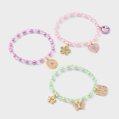 Girls' 3pk Charms Bracelet Set - Cat & Jack™️ Pink/Purple/Green: Beaded Stretch, Iron & Acrylic, Ages 3+