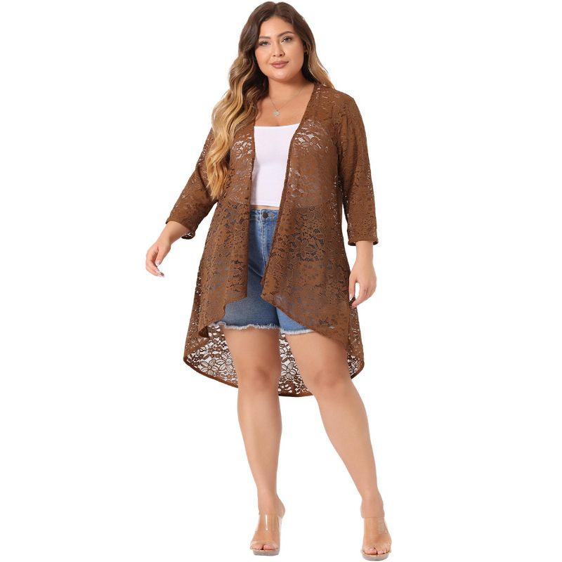 Agnes Orinda Women's Plus Size Lace Sheer High Low 3/4 Sleeve Open Front Cardigans, 3 of 6