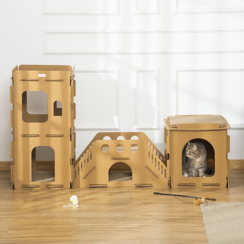 PawHut Cardboard Cat House DIY Cat Tree with Condos, Scratching Pad Board Hideaway Toy Pet Furniture, Brown, 5 of 7