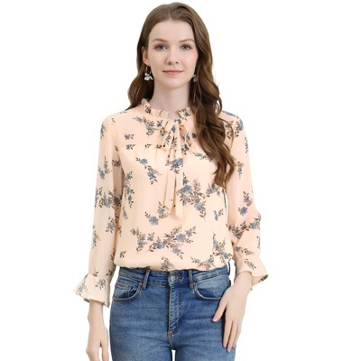 Allegra K Women's Ruffle Collar 3/4 Sleeve Tie Neck Chiffon Floral Blouse