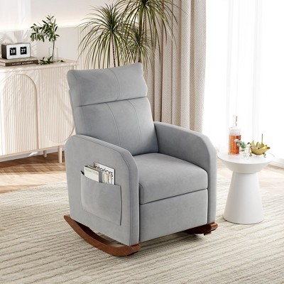 Image of Glider Chair Upholstered Chair, Rocking Chair Nursery with High Backrest, Two Side Pocket, and Solid Wood Legs, Light Gray
