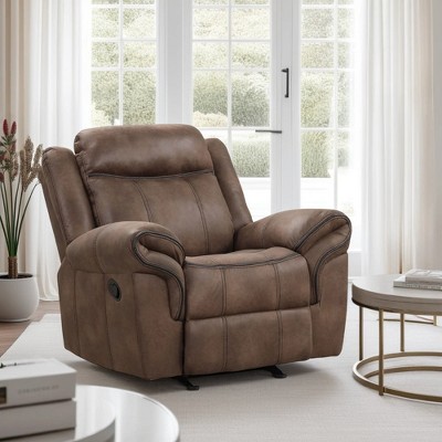 Ryal Hampton Manual Glider Recliner Chair, Brown Faux Leather, Pillow Arms
