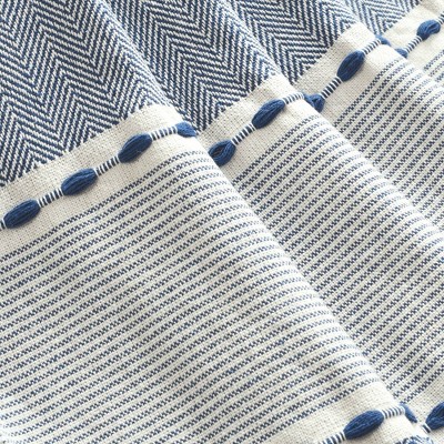 Navy and White Herringbone Stripe Cotton Throw with Tassels
