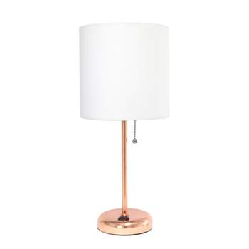 19.5" Bedside Power Outlet Base Metal Table Desk Lamp Brushed Steel with Fabric Shade - Creekwood Home