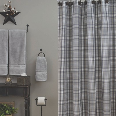 Gray and White Plaid Fabric Shower Curtain with Liner